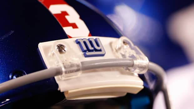 Aug 14, 2015; Cincinnati, OH, USA; A detailed view of a New York Giants logo on the helmet during the game against the Cincinnati Bengals in a preseason NFL football game at Paul Brown Stadium. The Bengals won 23-10.